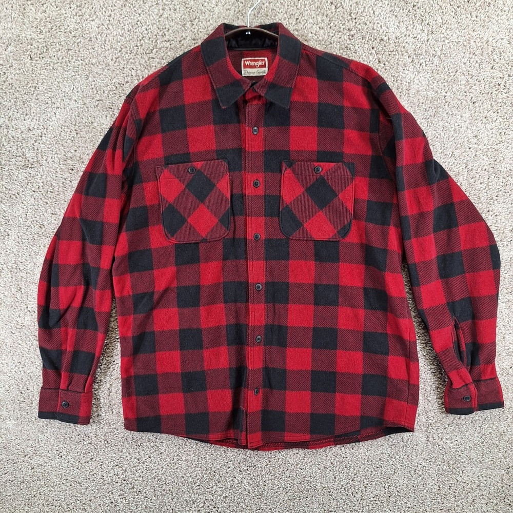 Wrangler Shirt Men‎ L Red Buffalo Plaid Fleece Button Up Outdoor Lumberjack